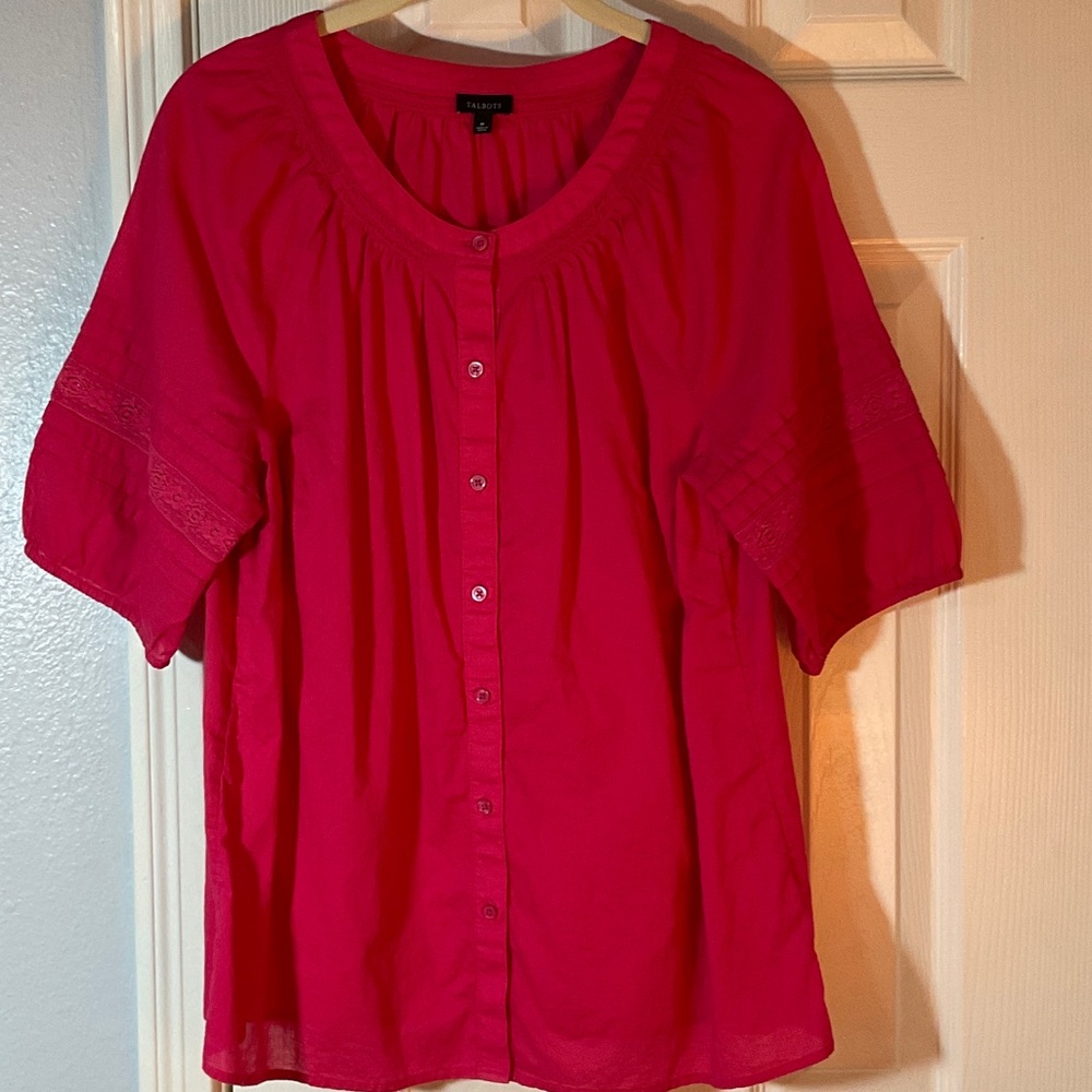 Talbots Size M, Button-front Blouse w/smocking, pleats & lace trim, 100% cotton